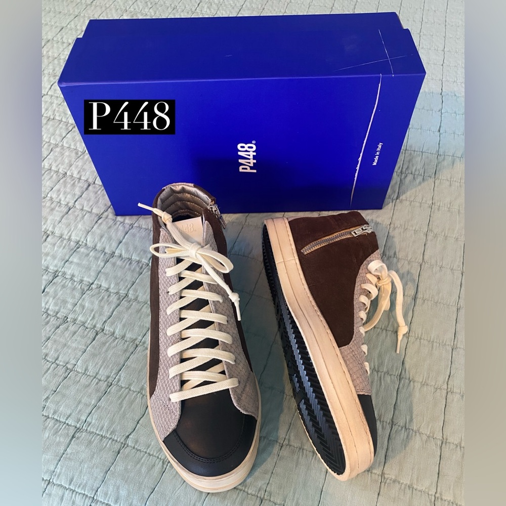 P448 Suede Hi-Top Skate Sneakers - Brown & Grey. Zip Side Closure.
